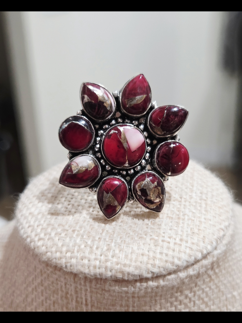 Sterling Silver Red Dahlia Turquoise Stone Floral Statement Ring
